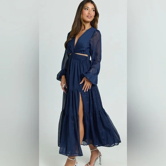 Navy Blue Midi Wedding Guest Dress - Picture 3 of 8